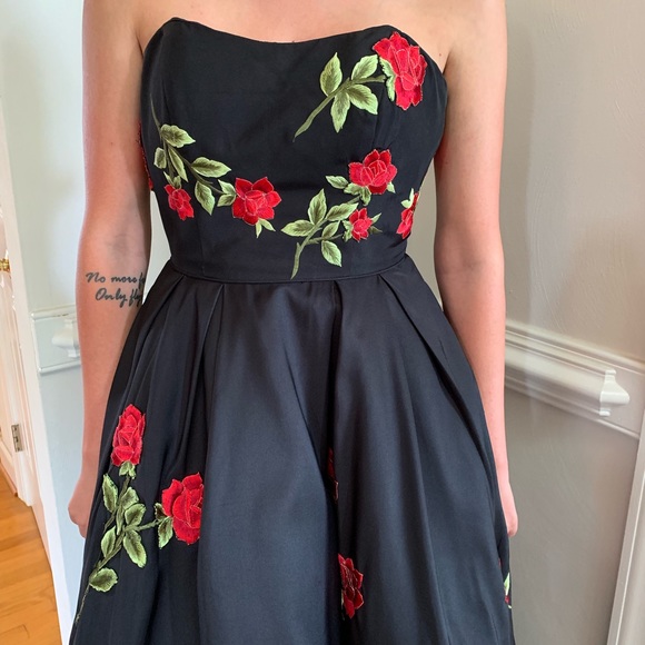 Sherri Hill Strapless Black Floral High Low Dress